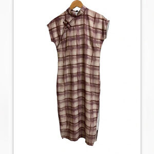 Old Shanghai Hong Kong Style Checker Patterned Cheongsam Dress Qipao sz M brown